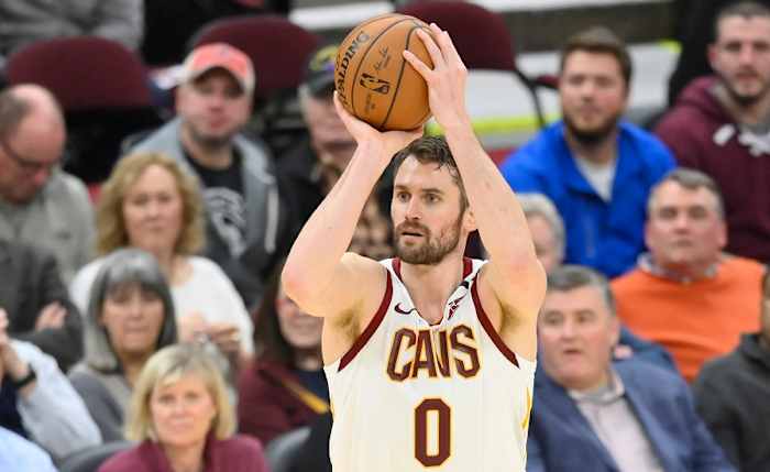 Cleveland Cavaliers forward Kevin Love shoots a a 3-pointer against the Toronto Raptors at Rocket Mortgage FieldHouse.